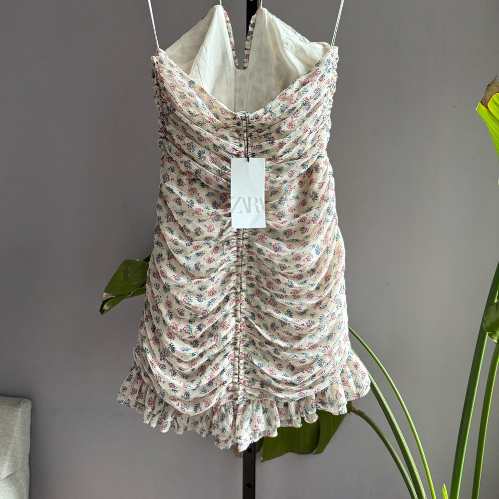 ZARA Metallic Floral Ruched Halter Mini Dress women’s XS NWT - Picture 13 of 15